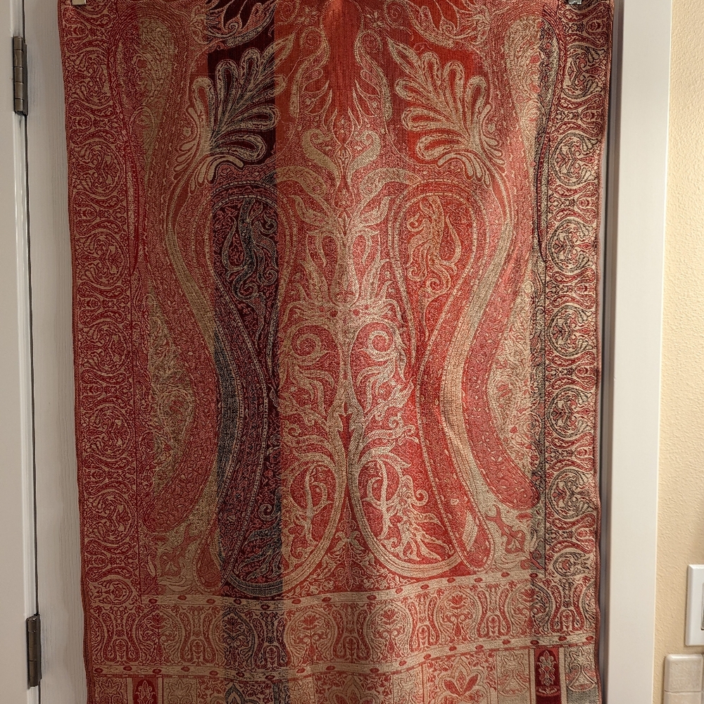 "Pashmina" Wrap - Red, Gold & Black Pattern w/border. Fringe edges. One size - Picture 6 of 11